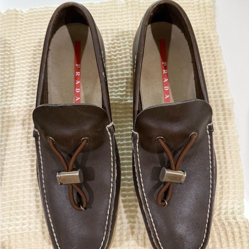 Prada Brown Loafers with Decorative Lace and Smooth Leather